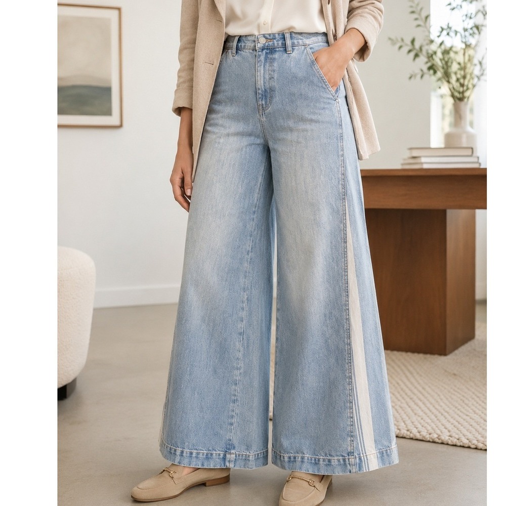 Shein Light Wash Wide‎ Leg Size 7/8 Paneled Side Stripe Jeans High Rise Blue 30W